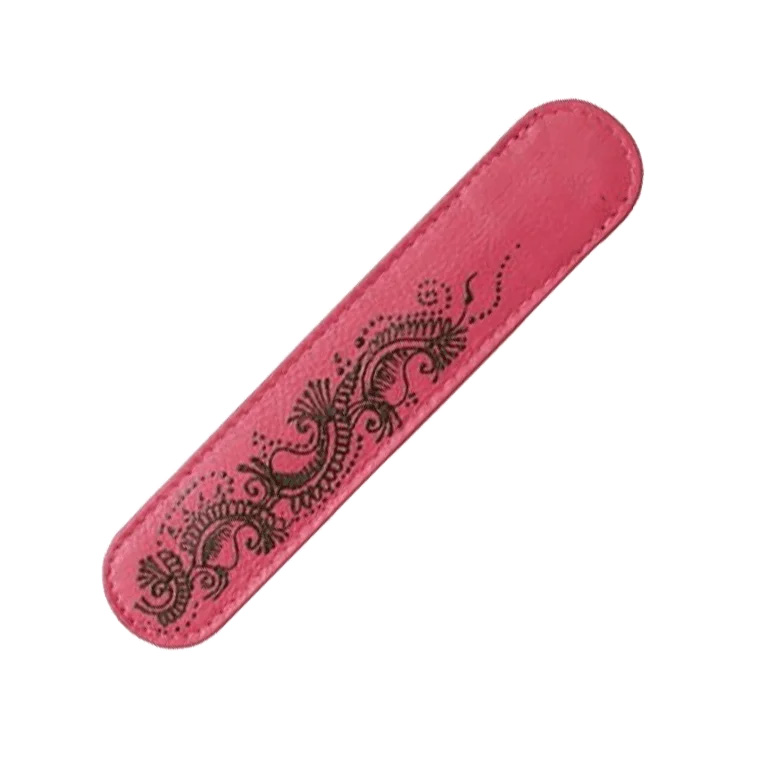 LARGE FUSCHIA LEATHER PEN CASE WITH HENNA DESIGN