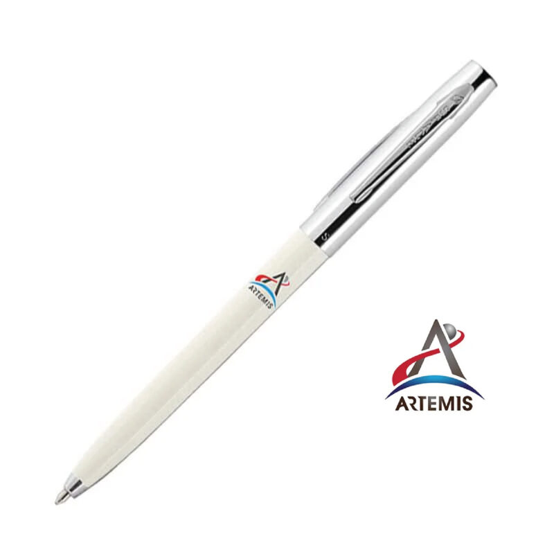 WHITE PLASTIC BARREL, CAP-O-MATIC SPACE PEN WITH CHROME CAP AND MULTICOLOURED PRINTED ARTEMIS LOGO - f775-w-art