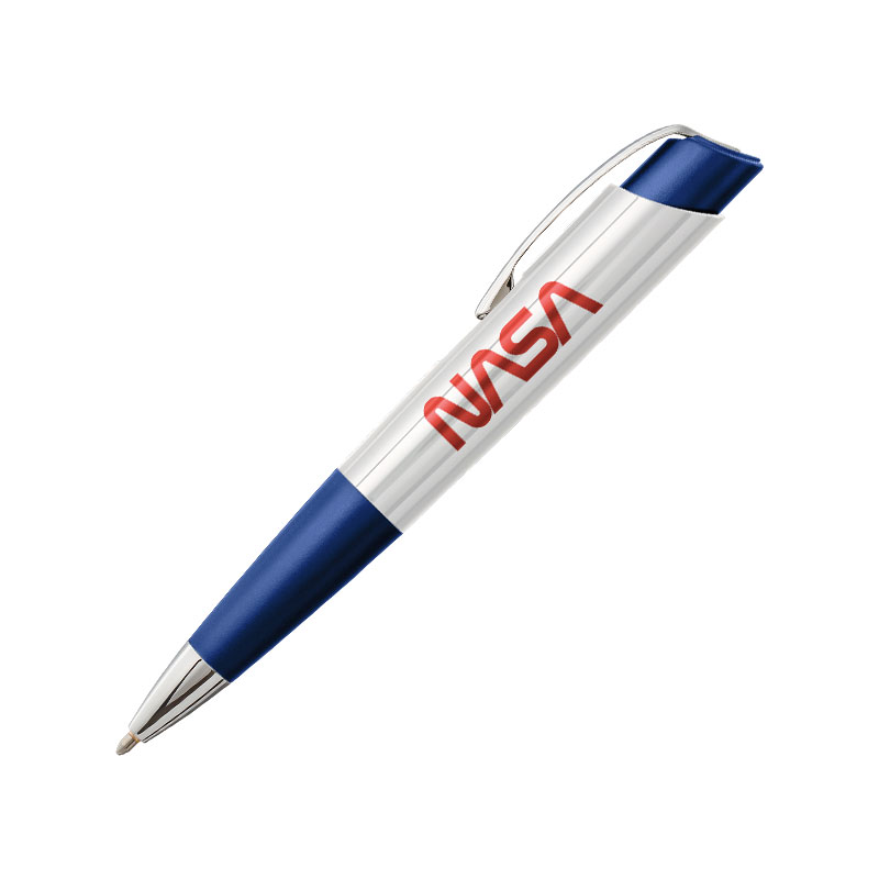 ECLIPSE SPACE PEN – WHITE & BLUE WITH RED NASA WORM LOGO IN PLASTIC TUBE – fecl/wbl-nasaw