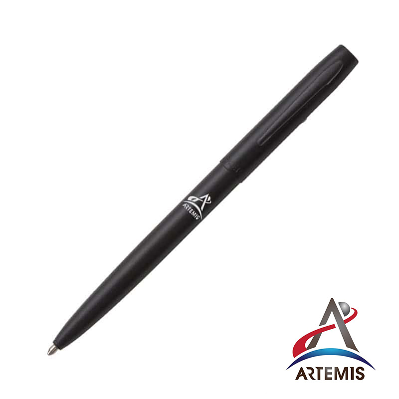 MATTE BLACK CAP-O-MATIC SPACE PEN WITH WHITE PRINTED ARTEMIS LOGO - fm4b-art