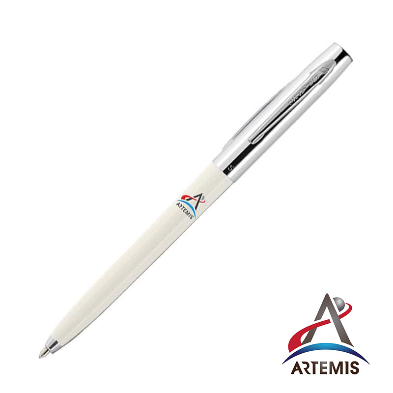 WHITE PLASTIC BARREL, CAP-O-MATIC SPACE PEN WITH CHROME CAP AND MULTICOLOURED PRINTED ARTEMIS LOGO - f775-w-art