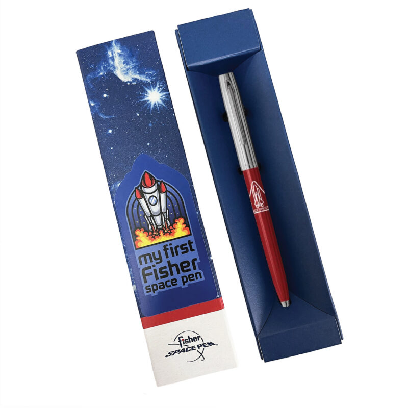 MY FIRST FISHER SPACE PEN - RED & CHROME CAP-O-MATIC WITH SHUTTLE IMPRINT – BOXED