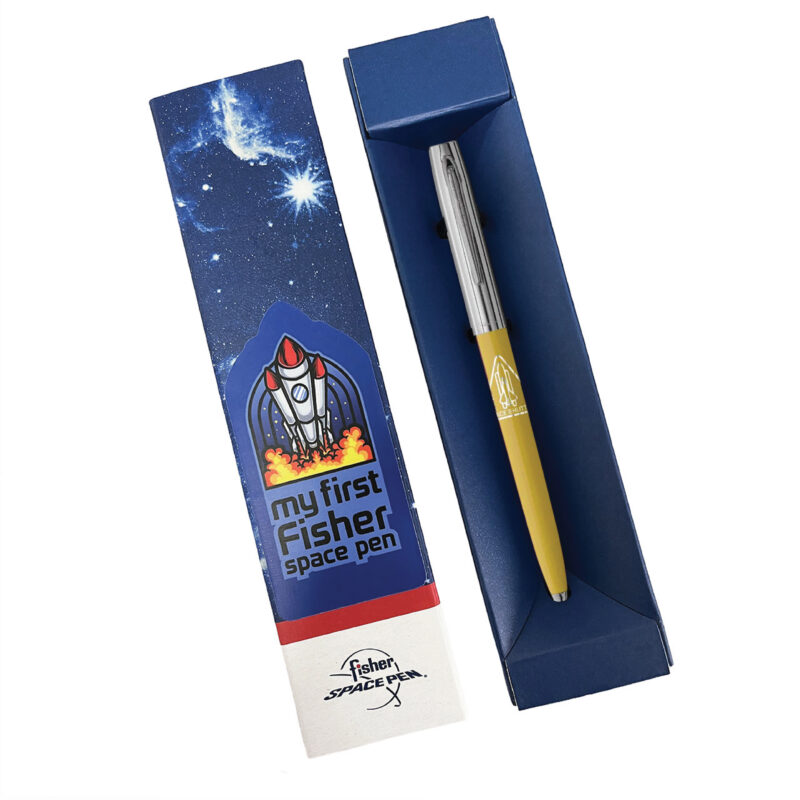 MY FIRST FISHER SPACE PEN - YELLOW & CHROME CAP-O-MATIC WITH SHUTTLE IMPRINT – BOXED