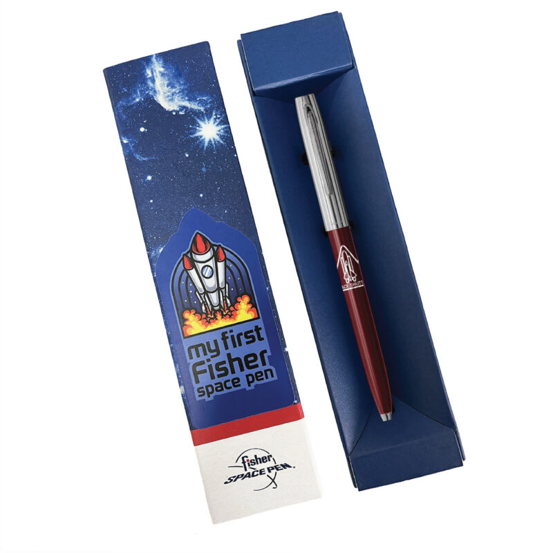 MY FIRST FISHER SPACE PEN - BURGUNDY & CHROME CAP-O-MATIC WITH SHUTTLE IMPRINT – BOXED