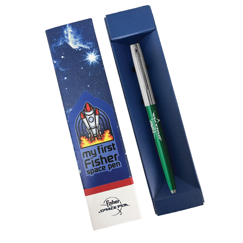 MY FIRST FISHER SPACE PEN - GREEN & CHROME CAP-O-MATIC WITH FISHER SPACE PEN LOGO – BOXED