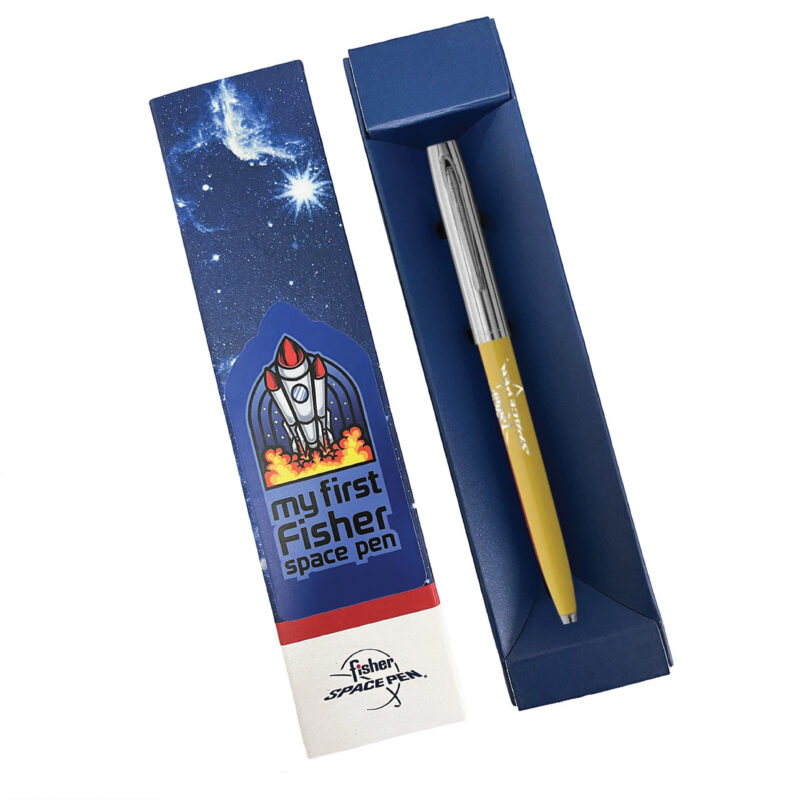 MY FIRST FISHER SPACE PEN - YELLOW & CHROME CAP-O-MATIC WITH FISHER SPACE PEN LOGO – BOXED