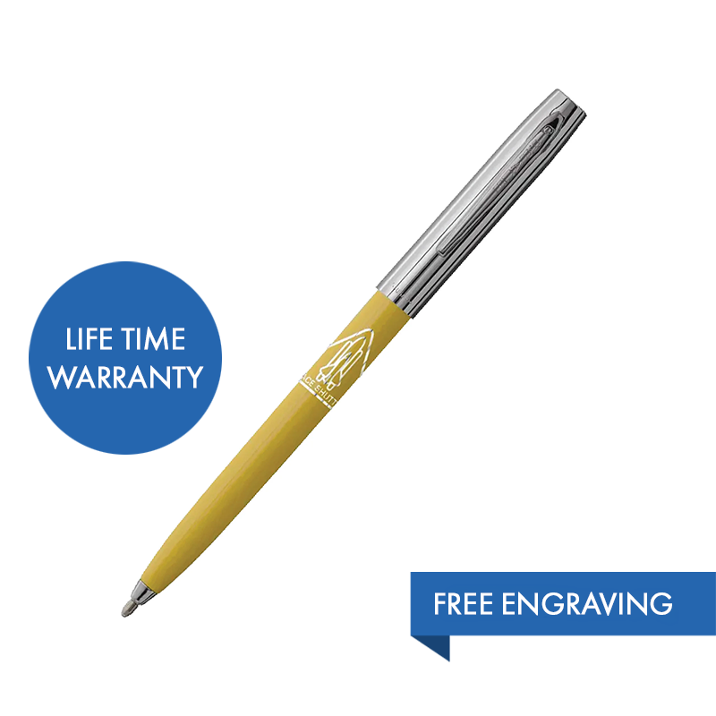 MY FIRST FISHER SPACE PEN - YELLOW & CHROME CAP-O-MATIC WITH SHUTTLE IMPRINT – BOXED